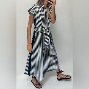 Zara Navy and White Linen Blend Midi Dress